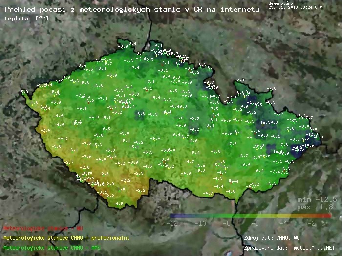Teplotní mapa republiky 23.1. v 9:24