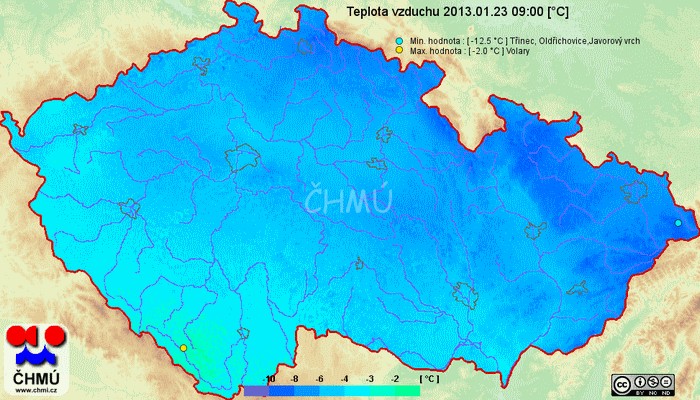 Teplotní mapa ČHMÚ z 23.1. 9:00