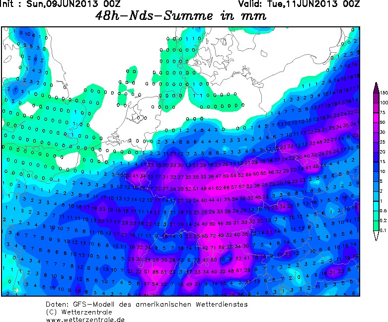 Předpoklad srážek na 48 hodin, do úterý 11.6. , zdroj: GFS