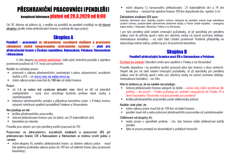 Nová pravidla pro pendlery od 29.3.2020