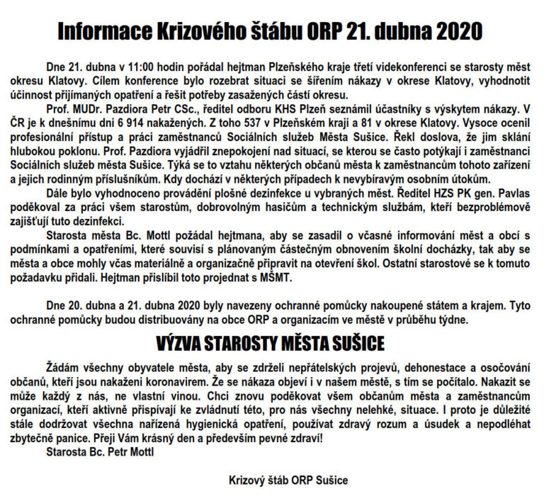 Informace krizového štábu ORP Sušice 21. 4. 2020