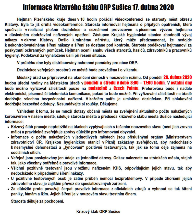Krizový štáb Sušice – informace k 17.4. 2020