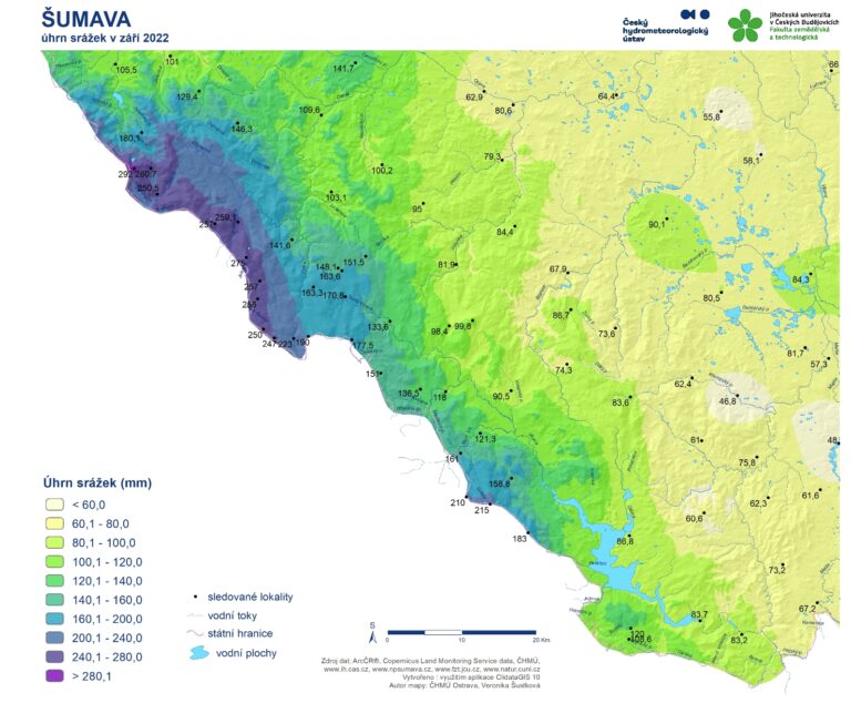 Šumavské srážky na podrobnější mapě