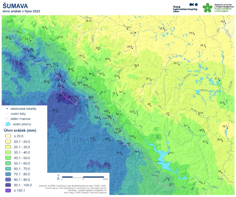 Měsíční srážky Šumavy na mapě – říjen