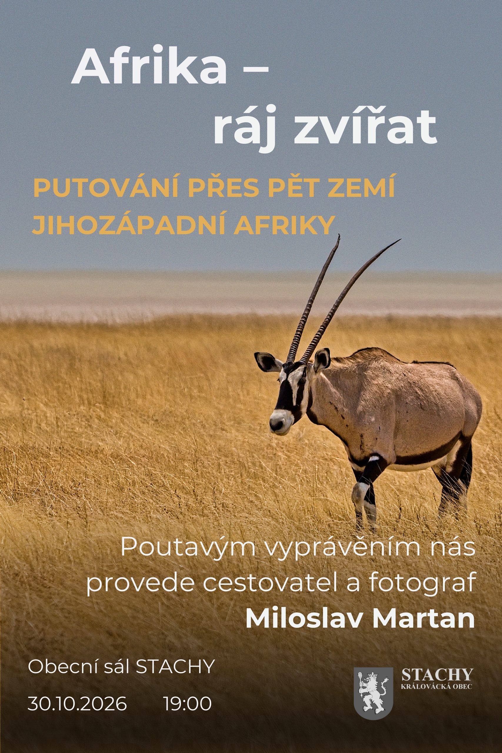 Plakát na besedu Afrika – ráj zvířat s fotografií přímorožce jihoafrického v travnaté savaně