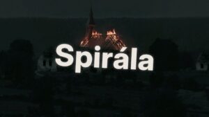 Nápis Spirála sprejem přes hořící kostel na Knížecích Pláních – vizualizace z připravovaného filmu