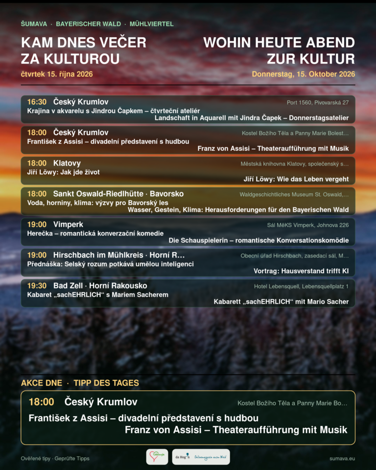 Kam dnes večer za kulturou · čtvrtek 15. října 2026