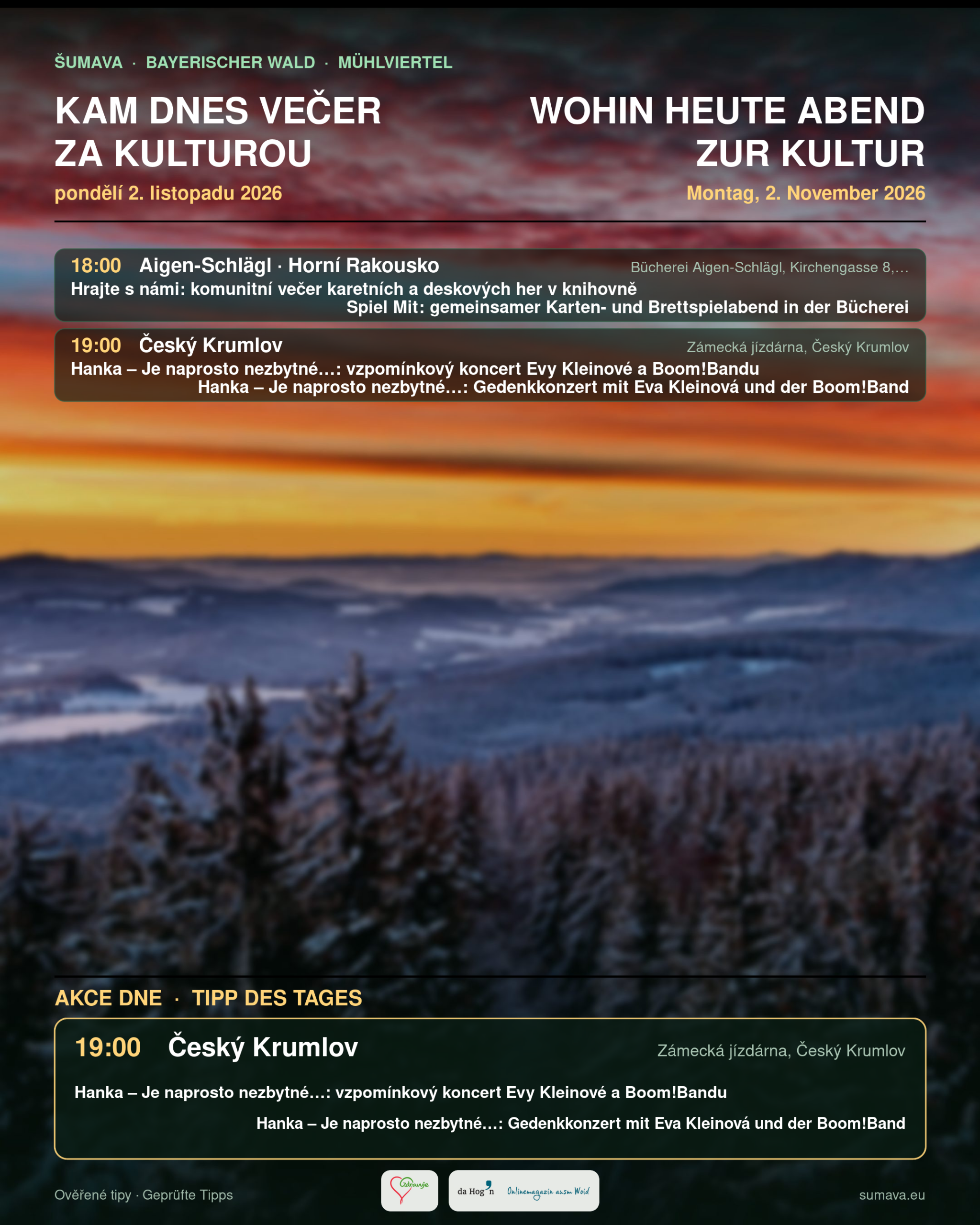 Plakát s kulturním programem na pozadí zasněžené šumavské krajiny při západu slunce