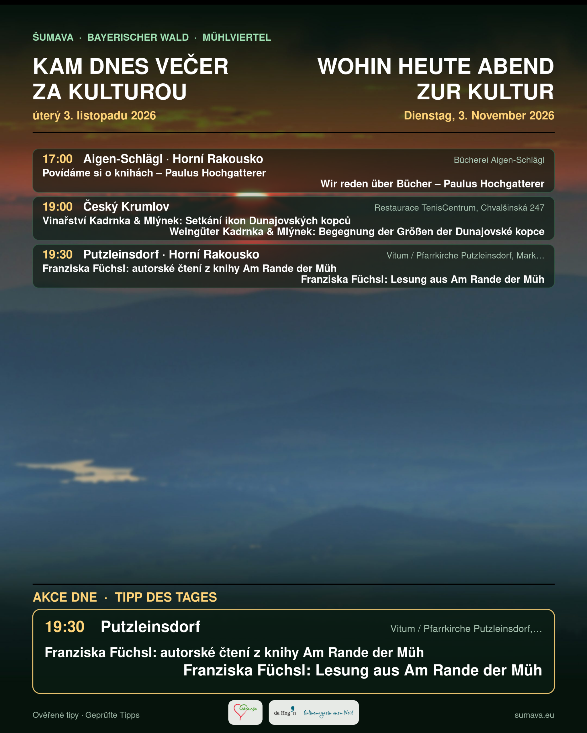Plakát kulturních tipů s horskou krajinou a západem slunce v pozadí